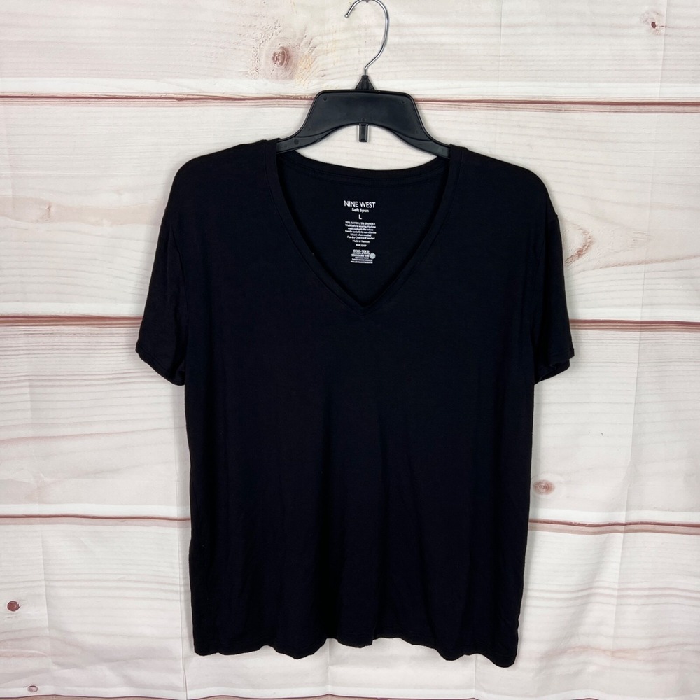 Nine West Top Womens L Black Soft Spun T-Shirt V-Neck Short Sleeve Solid Jersey
